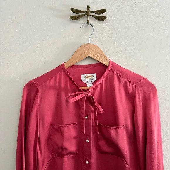 Vintage Silk Raspberry Red Necktie Blouse with Pearl Buttons - Picture 2 of 6